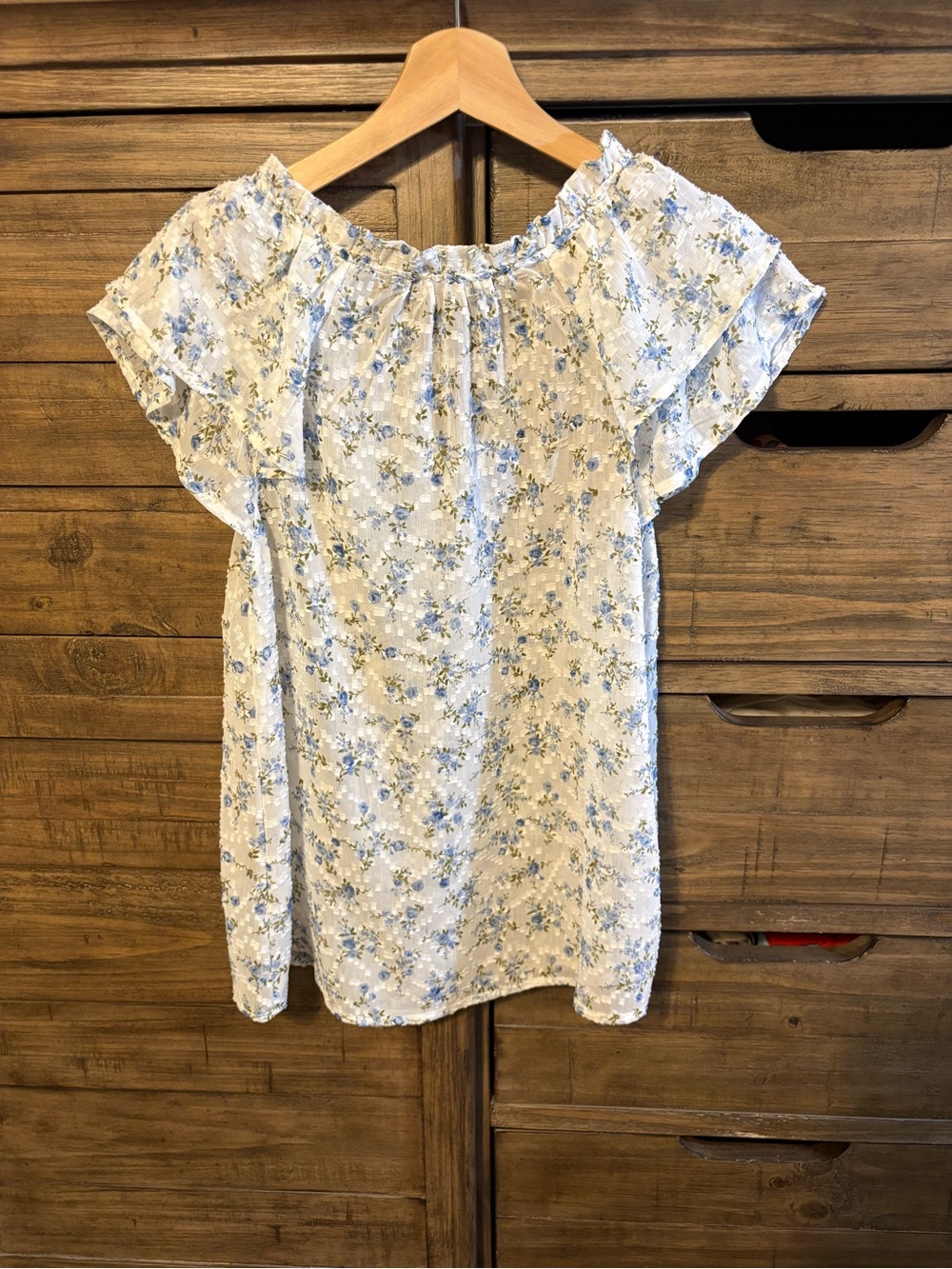 Blu Pepper Blue Floral Peasant Blouse Cottagecore Boho Flutter Sleeve Top - Picture 4 of 4